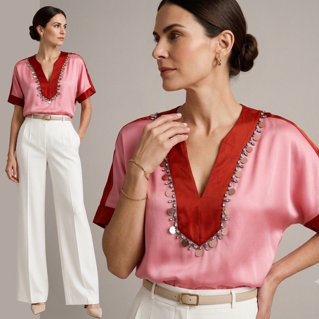 Tory Burch Silk Blouse Top Pink Red Pullover Relaxed Boho Old Money Career 2