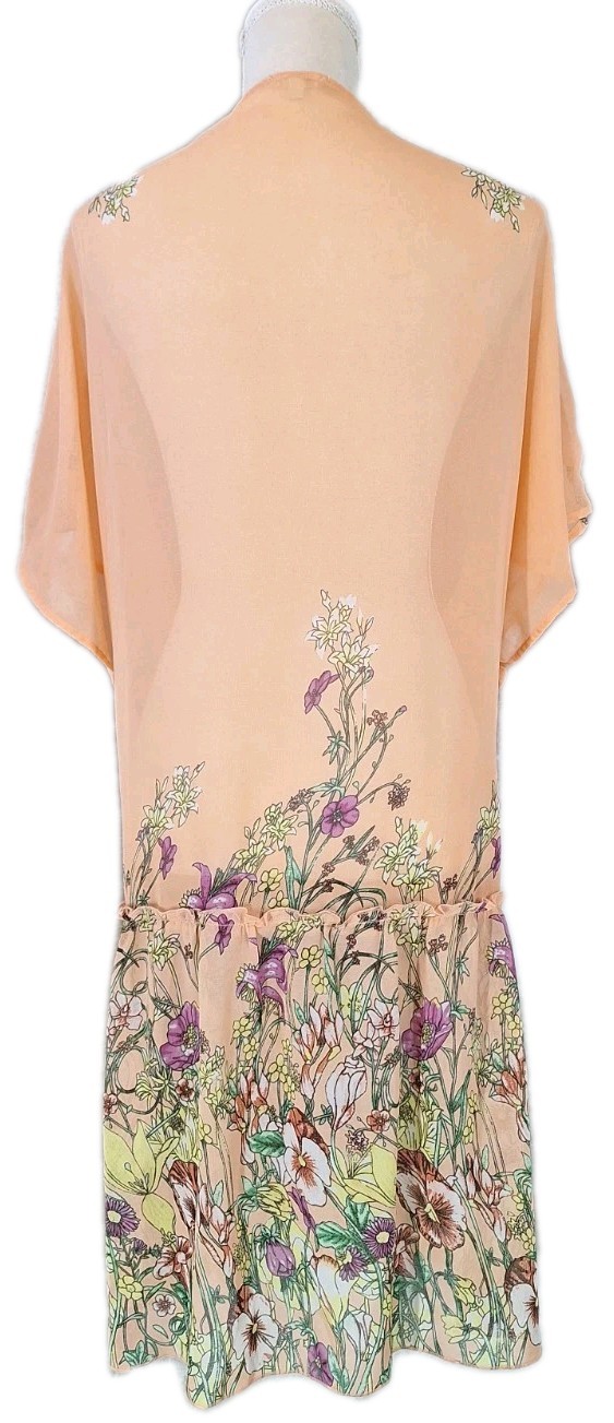 EN CREME SzL Semi-Sheer Chiffon Open Floral Cover-Up Top Duster Ruffle Hem Boho