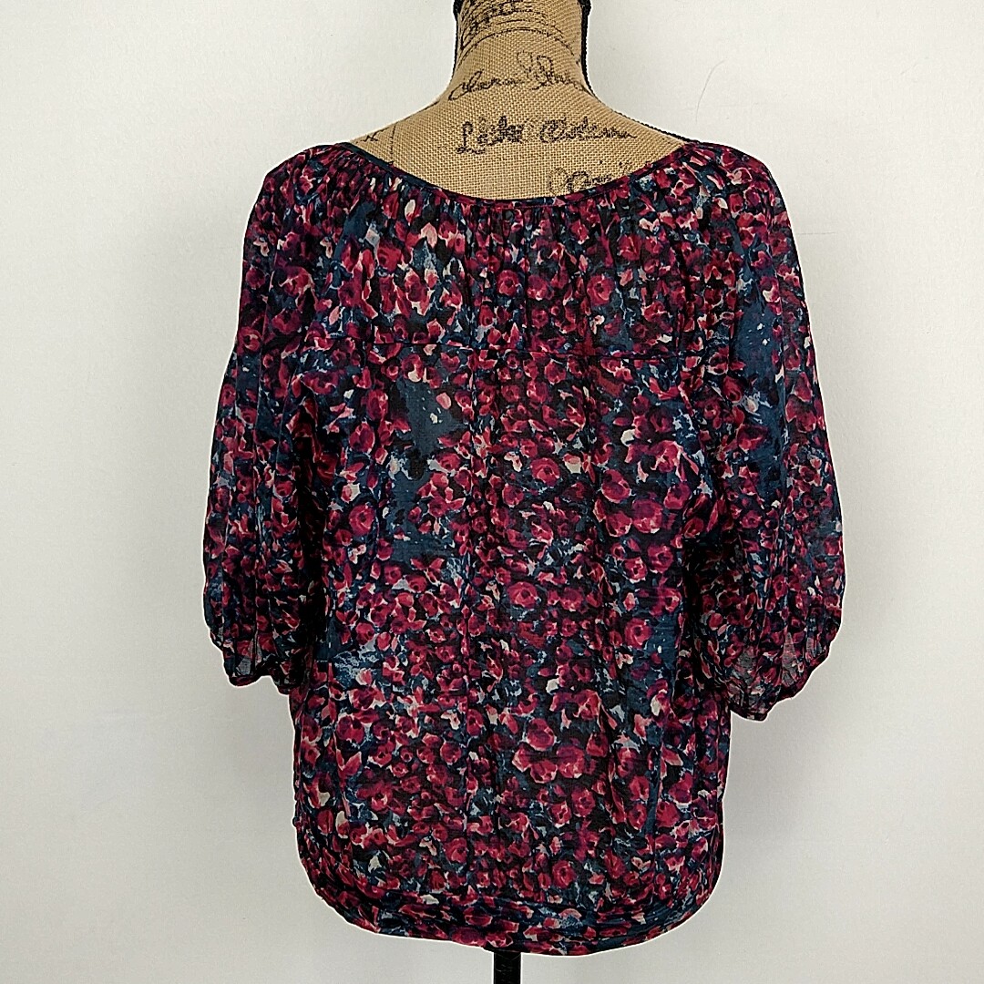 Esme & Esyllte Womens sz 12 Top Pink Floral Balloon Sleeve Scoop Neck Tie
