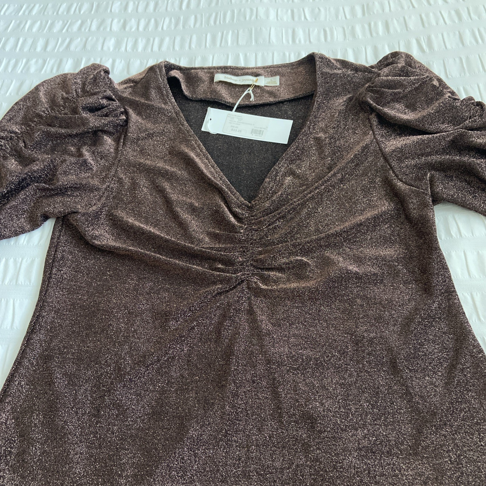 NWT Bishop+Young Rachel Ruched Sleeves. Color: Gold Metal Shirt MSRP $96 Large