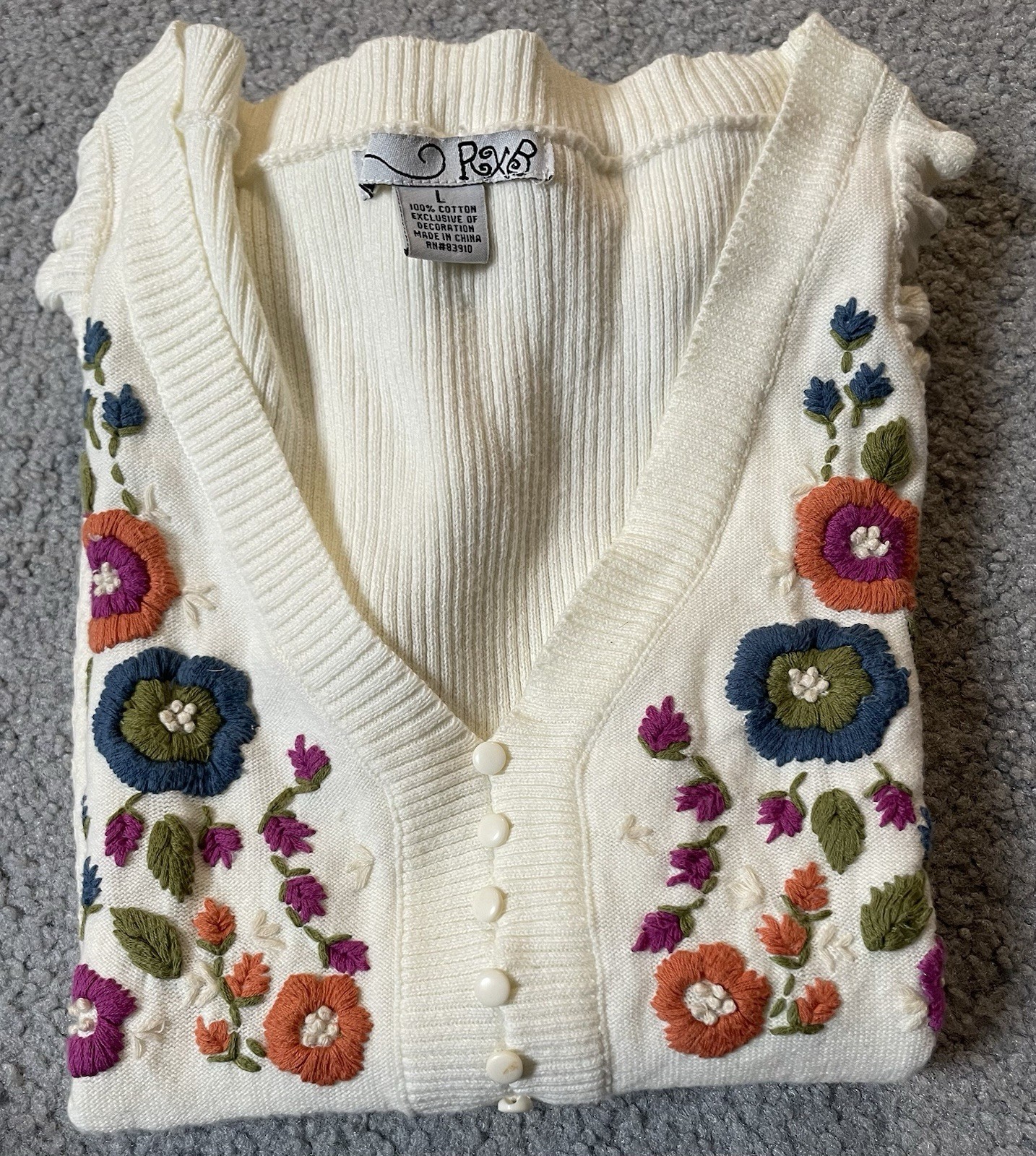 Y2K RXB Floral Embroidery A-Line Top L Orange Purple Knit Ruffles Buttons Boho