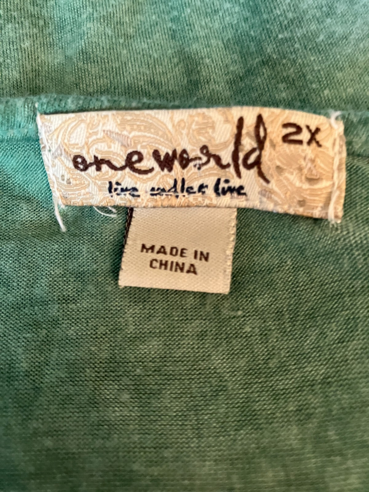 One World~2X~Distressed Green~S/SLV~Lace/Stud Accent~Boho/Peasant~Knit Tunic Top