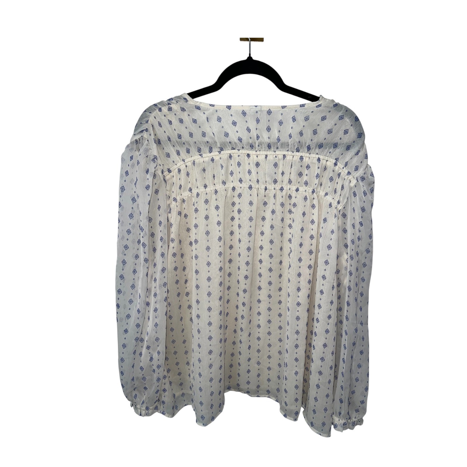 Old Navy Cottagecore Peasant Boho Geometric Diamond Print White Blue Top XL