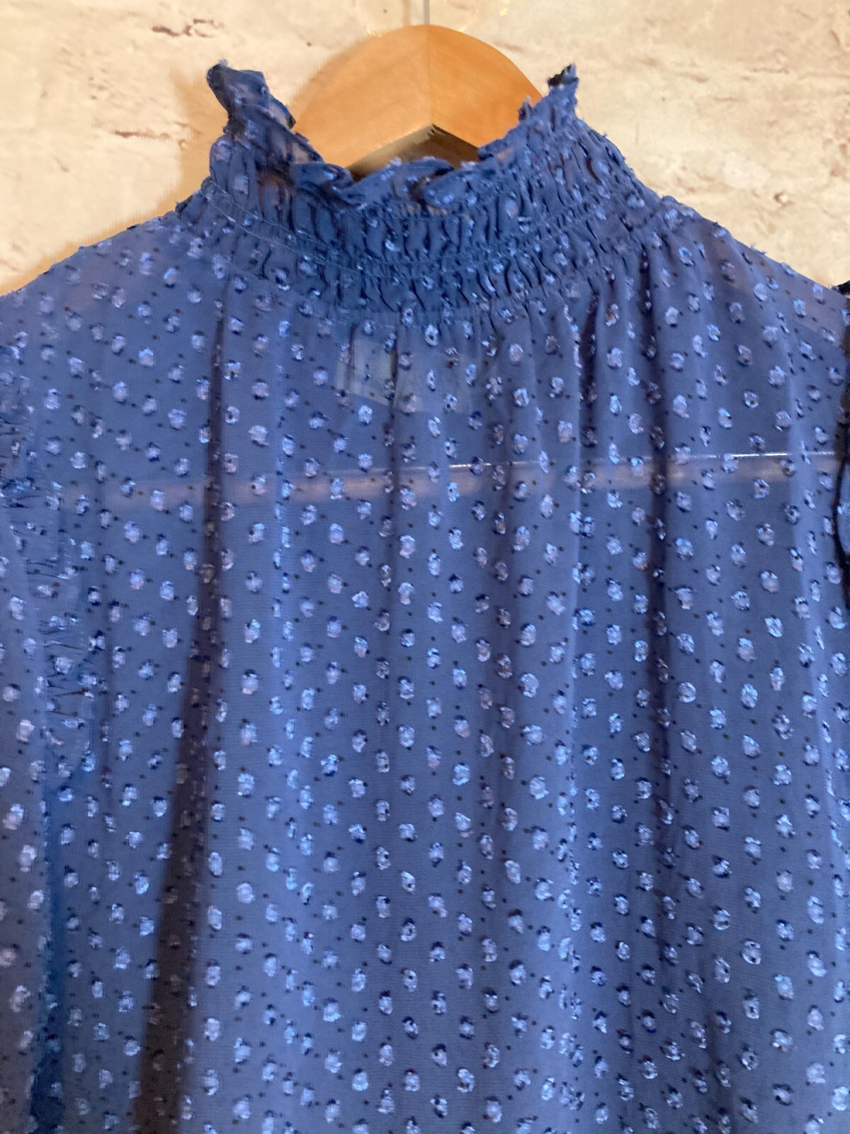 Everleigh Top Womens Small Midnight Blue Embroidered Polkas High Smock Neck
