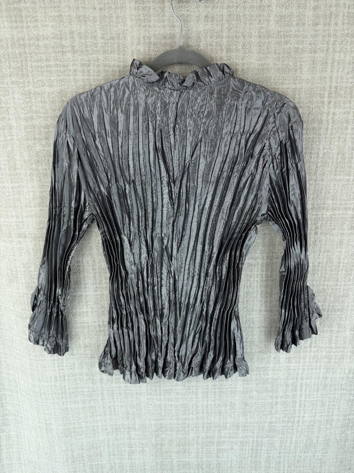Piano Blouse Womens M Silver Pleated Ruffle Button Rhinestone V-Neck Party