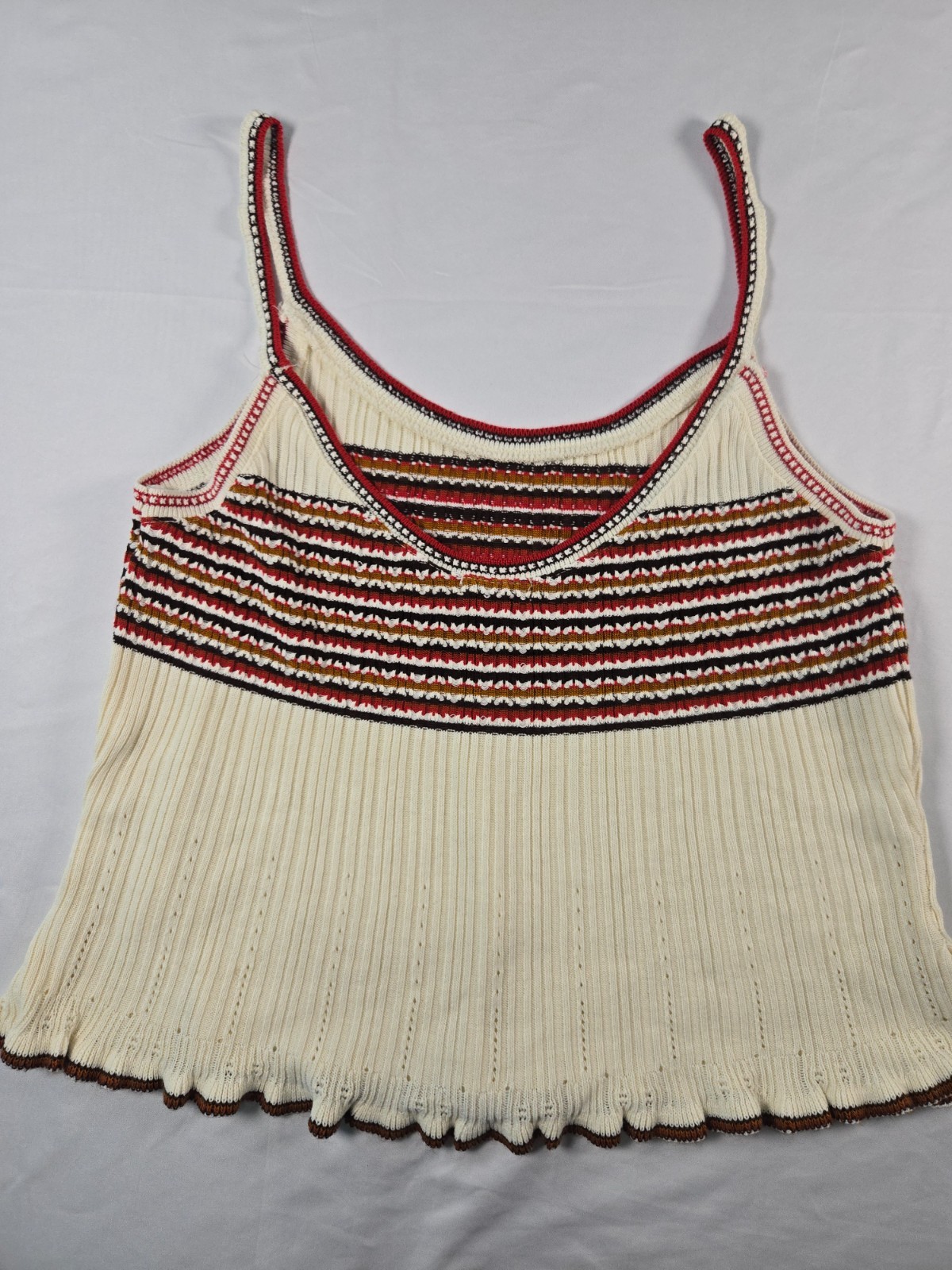 VTG Y2K XOXO Sweater Knit Tank Top L Ivory Striped Lettuce Hem Retro Festival