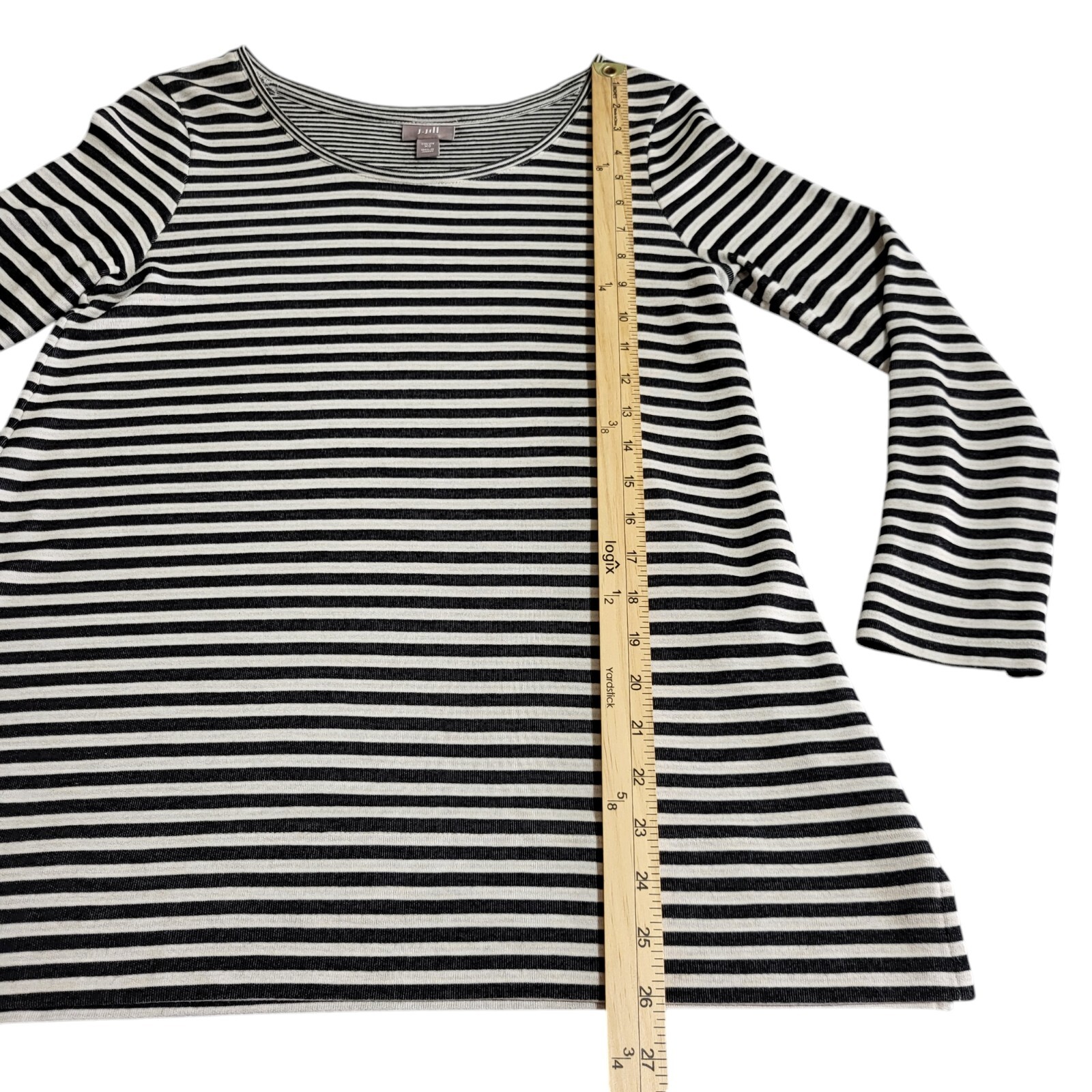 J Jill Stretch Top T-Shirt Size XS Black White Stripe Scoop Neck Roll Tab Sleeve