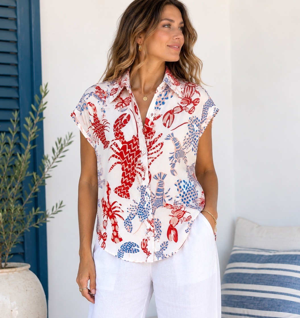 Coastal Resort Lobster Print Blouse Nautical Vacation NWT Paris Boutique S Beach