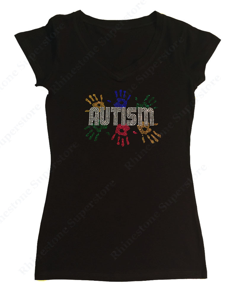 Women’s Rhinestone T-Shirt Autism Awareness w/ Handprints in S, M, L, 1X, 2X, 3X