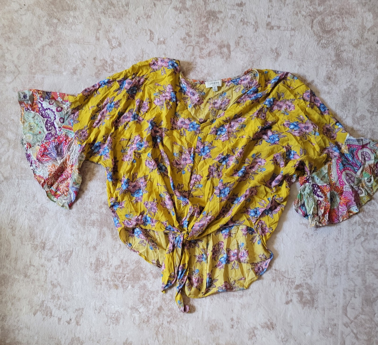 UMGEE Women Yellow Floral V-Neck Tie Front Woven Rayon Bell Sleeve Blouse S