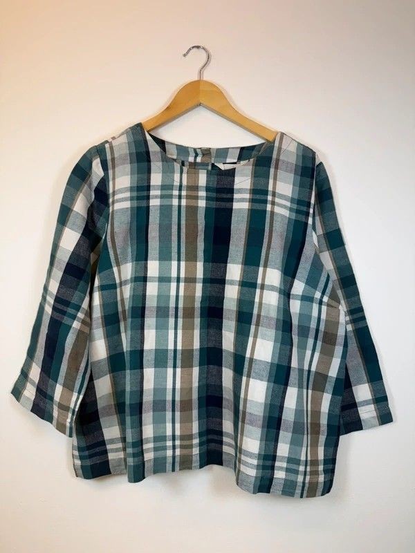 Seasalt Women’s Plaid Teal Check Boxy Cotton Linen Top UK 16 Fishermen Nautical