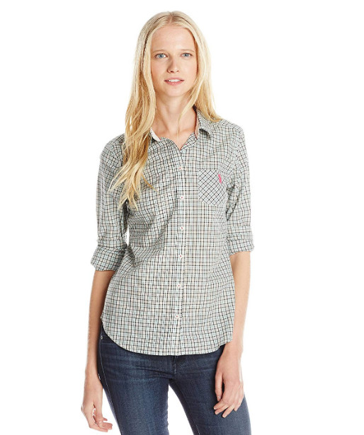 U.S. Polo Assn. Juniors’ Long Sleeve Plaid Poplin Woven Shirt Aqua Size S 0396