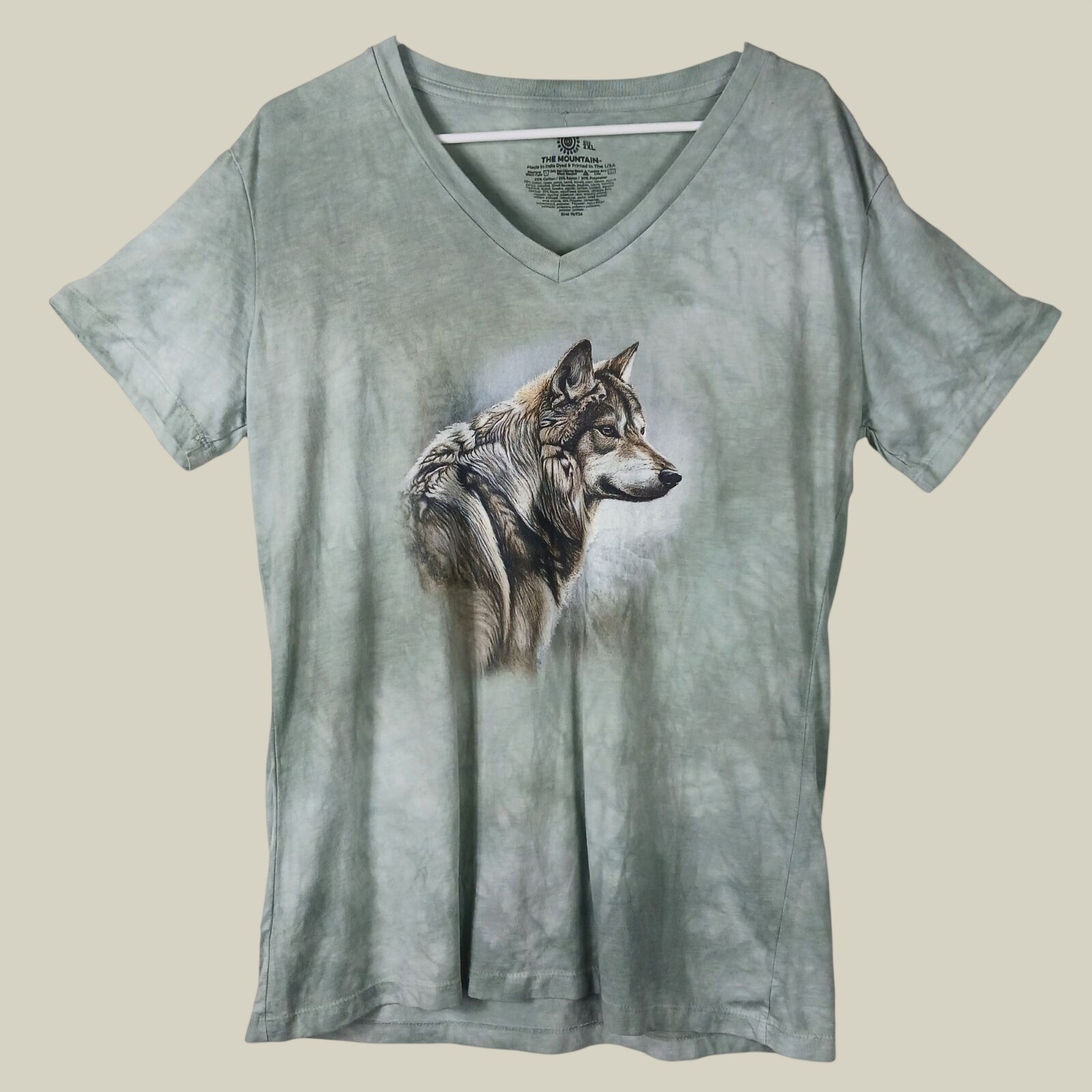 The Mountain Wolf Tie Dye V Neck Tee Womens L Green Festival Nature Goirpcore
