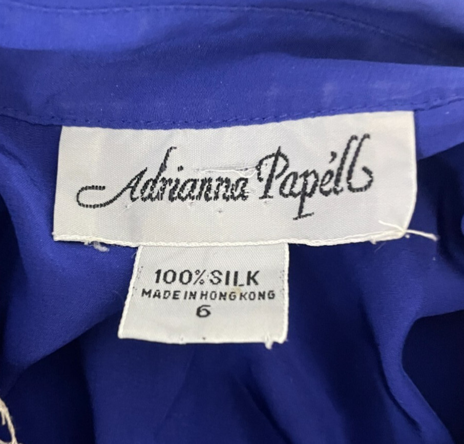 Adrianna Papell Pleated Top CEO Shirt Womens 6 Blue Pure Silk Blouse Vintage