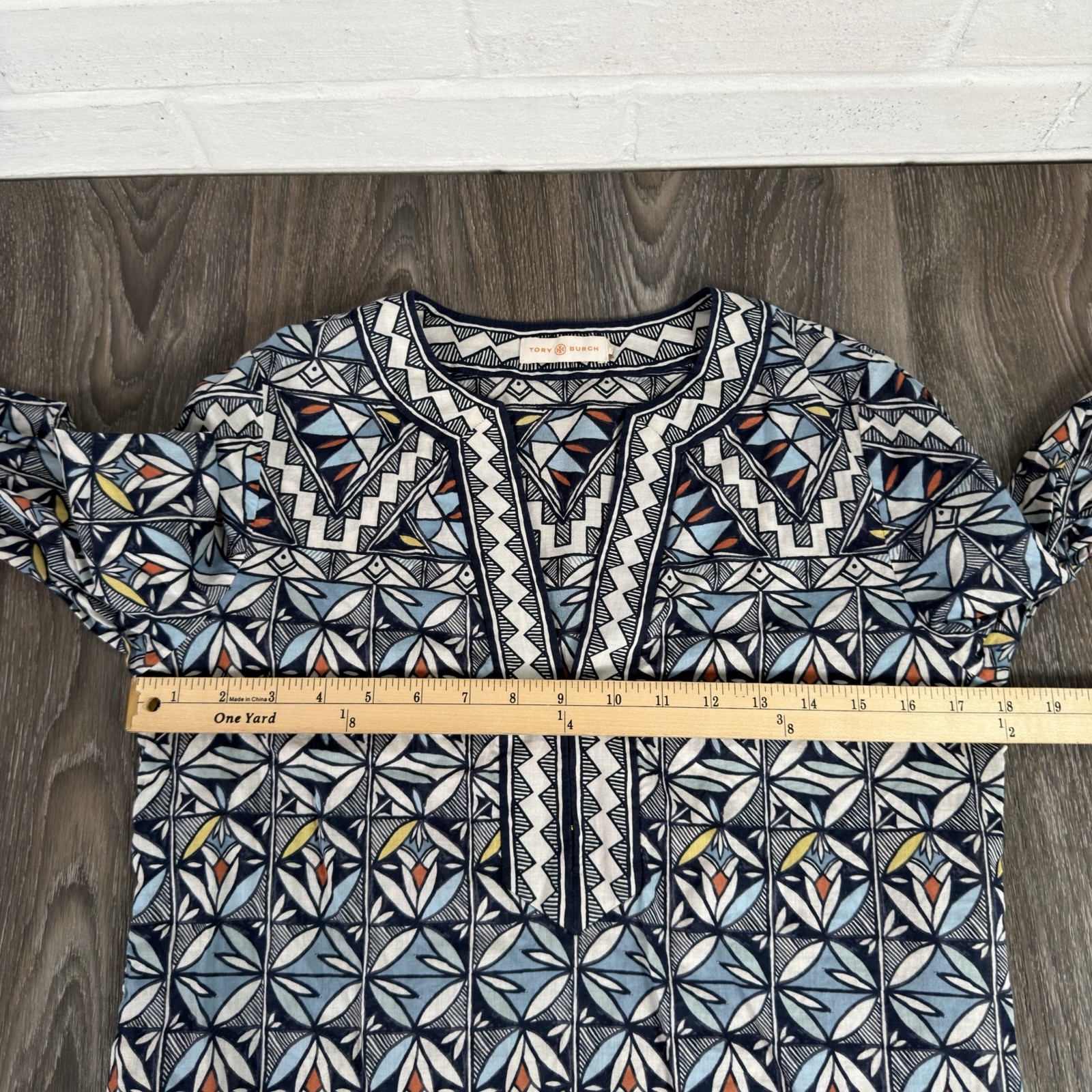 Tory Burch Tunic Blouse Womens Size 6 Geometric Long Sleeve Top Cotton READ