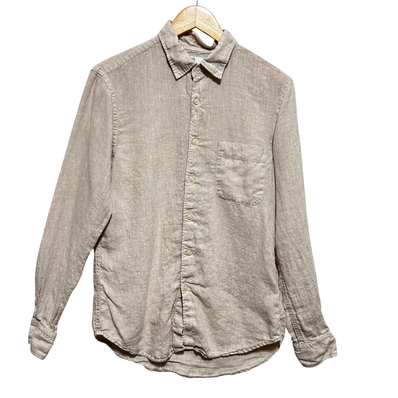 Uniqlo Women Minimalist Coastal Button Front Shirt S Beige 100% Linen Neutral