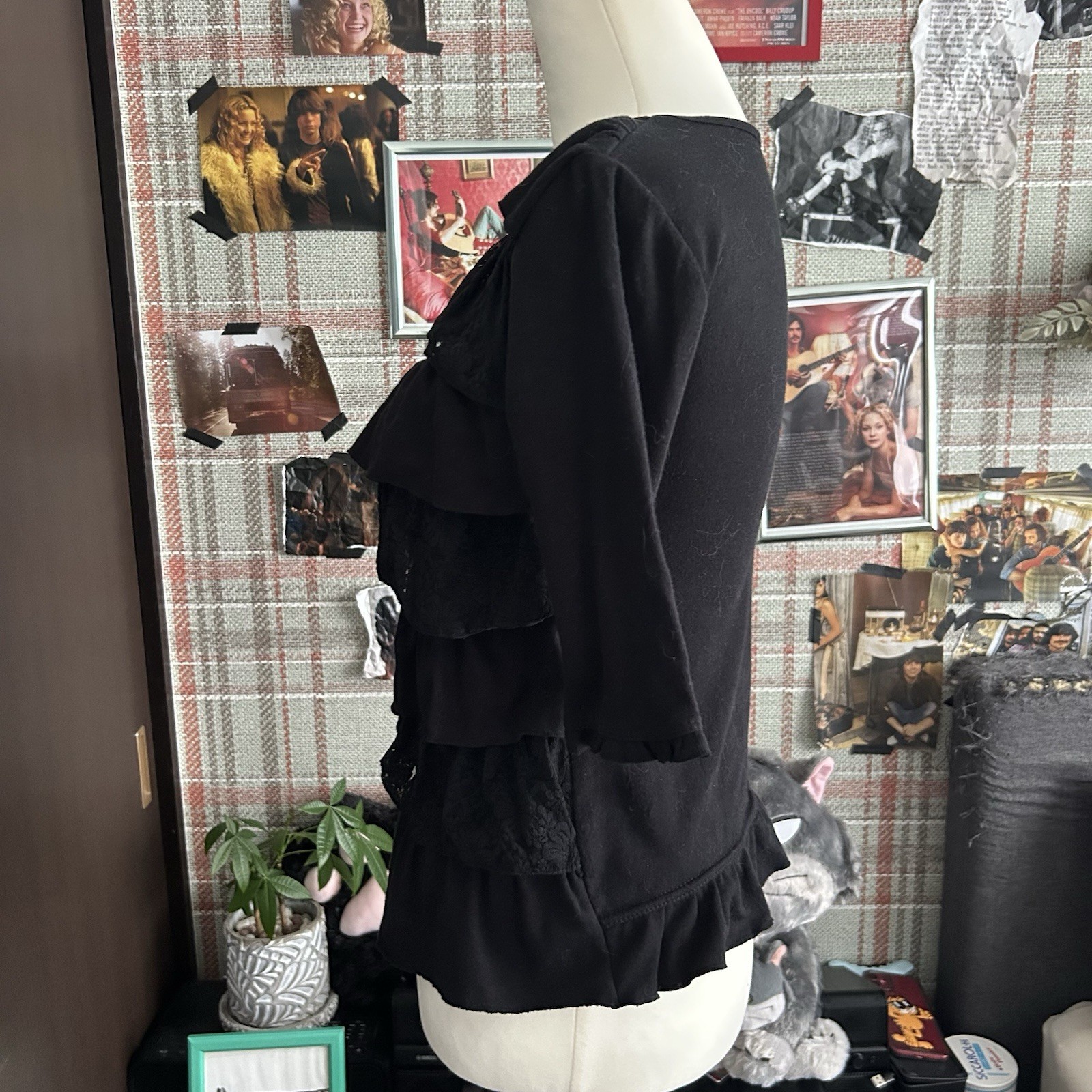 Black Tiered Ruffle Top Lace Layered Blouse Elegant Feminine Gothic Aesthetic