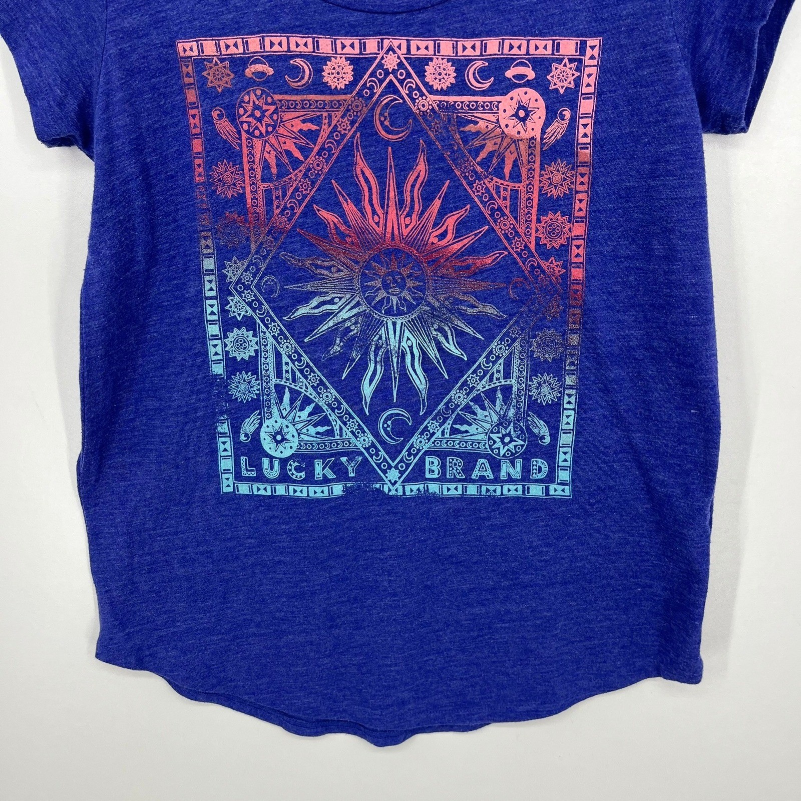 Lucky Brand Womens Small Blue Celestial Sun Moon Graphic Tee Scoop Neck