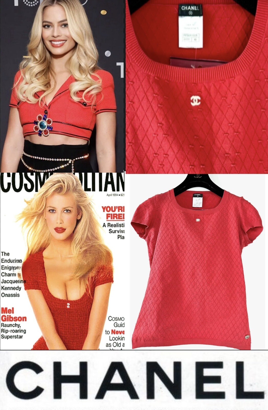 3K Chanel 2014 Barbie Red Sweater Top 36 38 40 4 6 8 T-Shirt White CC Logo S M