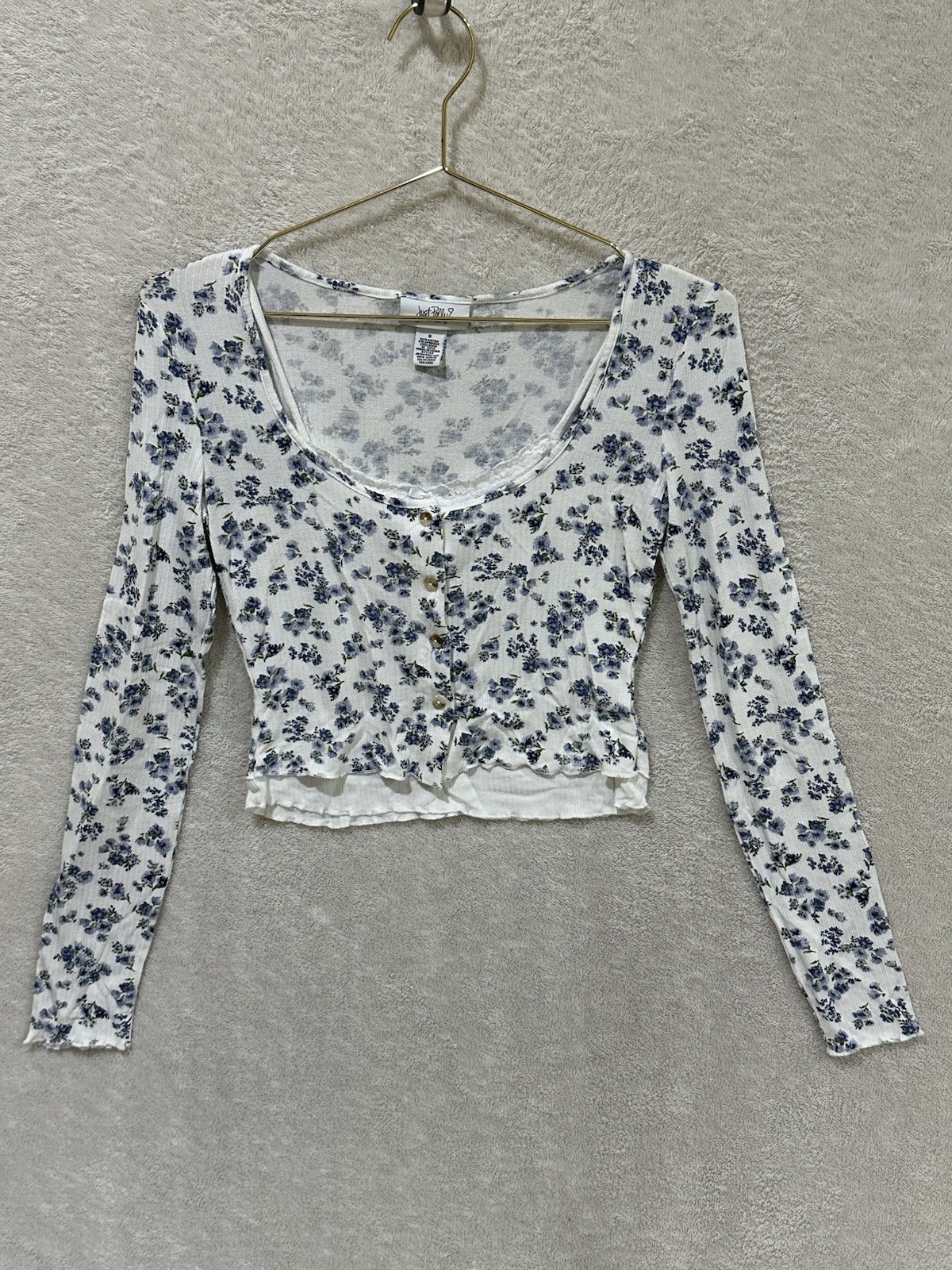 Just Polly New York Small Cropped White Thermal Hippie Boho Top Navy Flower