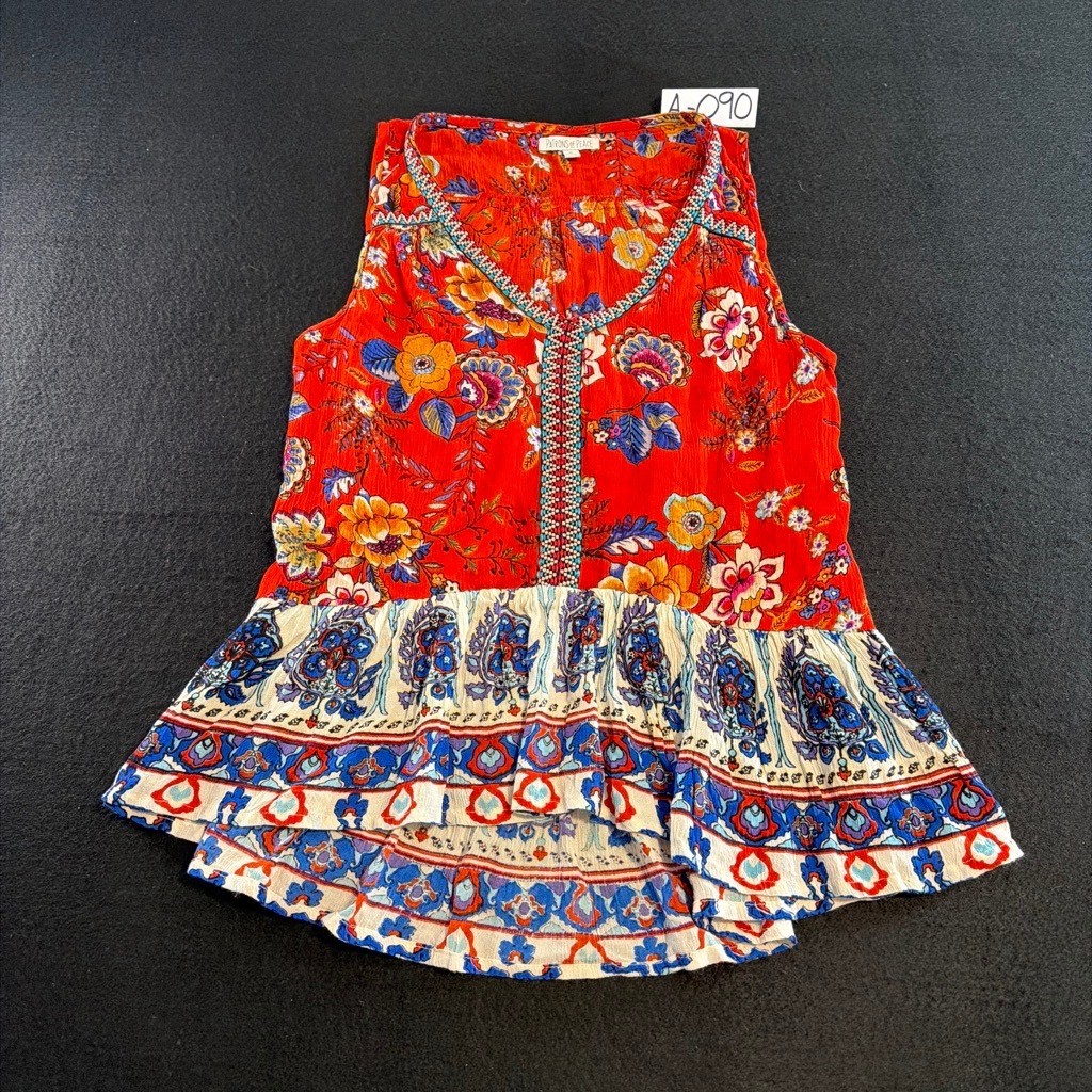 Patrons of Peace Top Womens M Red Floral Boho Sleeveless Tunic Babydoll Rayon