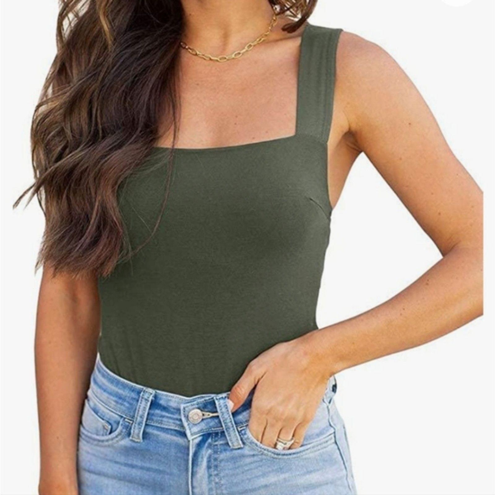 REORIA Women’s Square Neck Bodysuit Olive Green Sleeveless Stretch Size Large