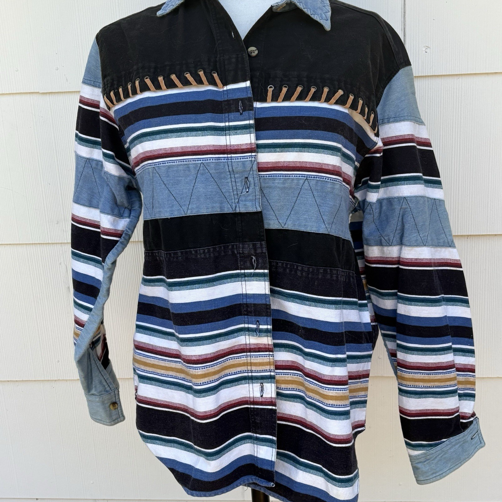 Vtg Kikomo Southwestern Striped Western Shirt Med Rockabilly Retro Cowboy 90’s