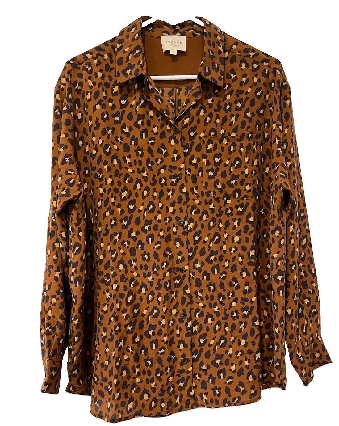 Sezane Max Shirt 38 US 6 Silk Leopard Print Button Down Overdyed Camel Blouse