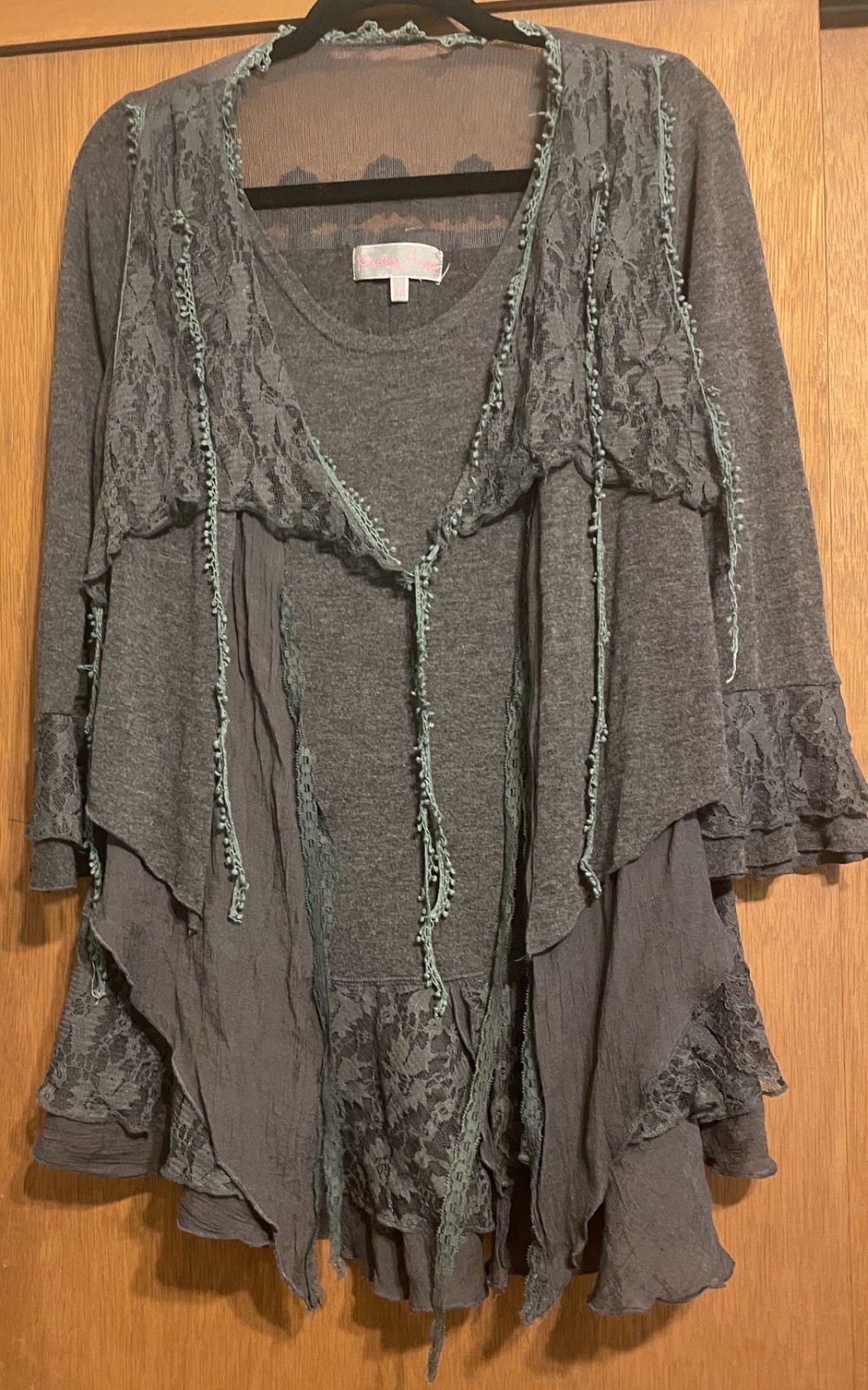 Pretty Angel Tunic Womens Boho Layered Romance Top Green Beaded SZ M