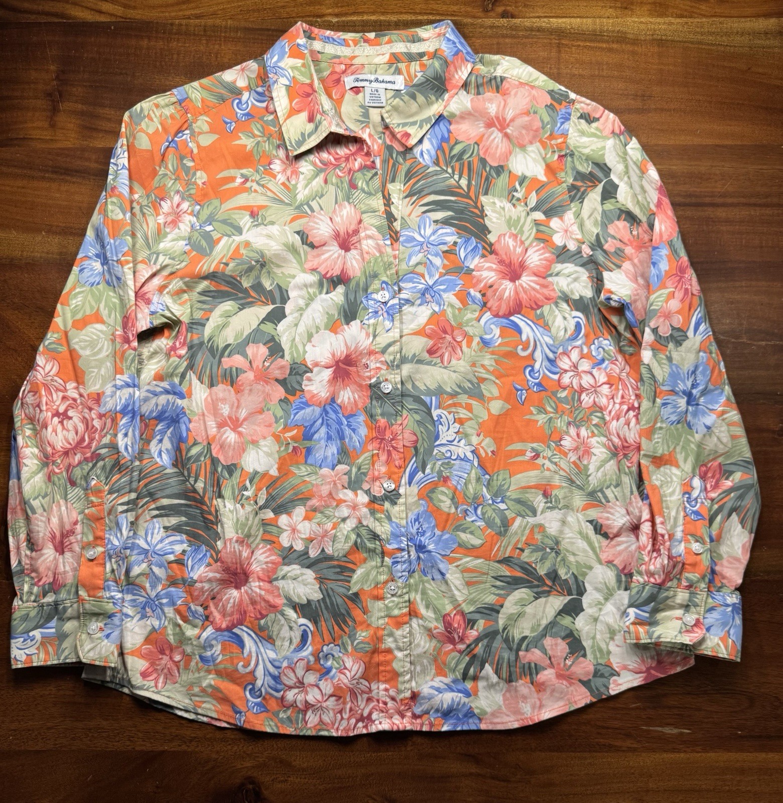 Tommy Bahama Womens Floral Hawaiian Vacation Button up Long Sleeve Shirt Sz L