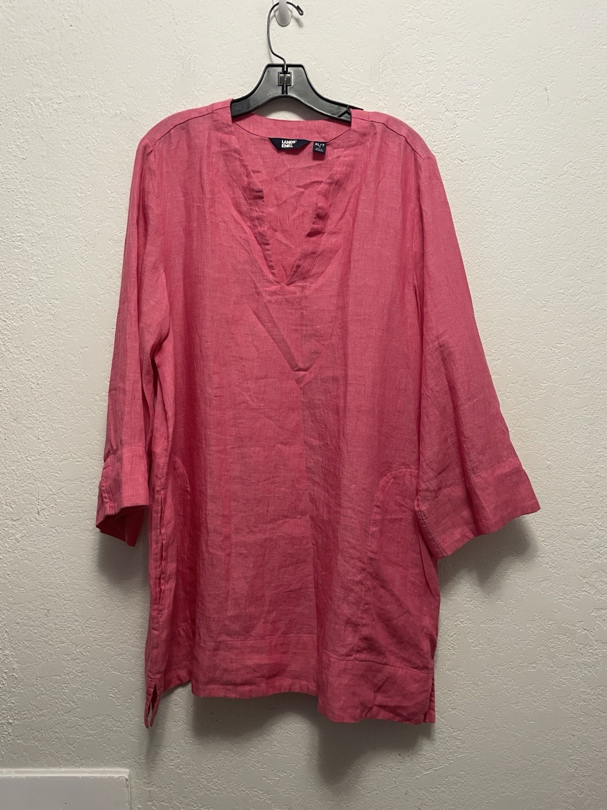 Lands’ End XL Tall Women’s Tunic Pink Linen Blend Split Neck 3/4 Sleeve Pockets