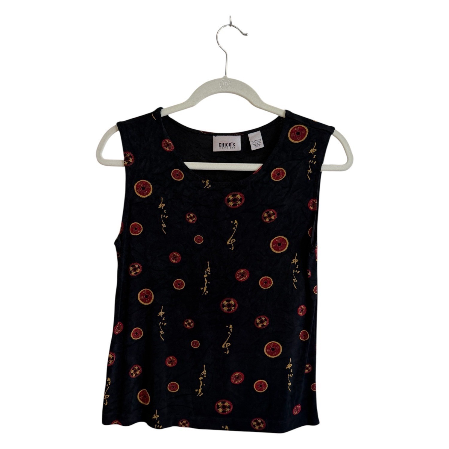 Chico’s Travelers Tank Top Med 1 Black Asian Coin Print Sleeveless Slinky Knit