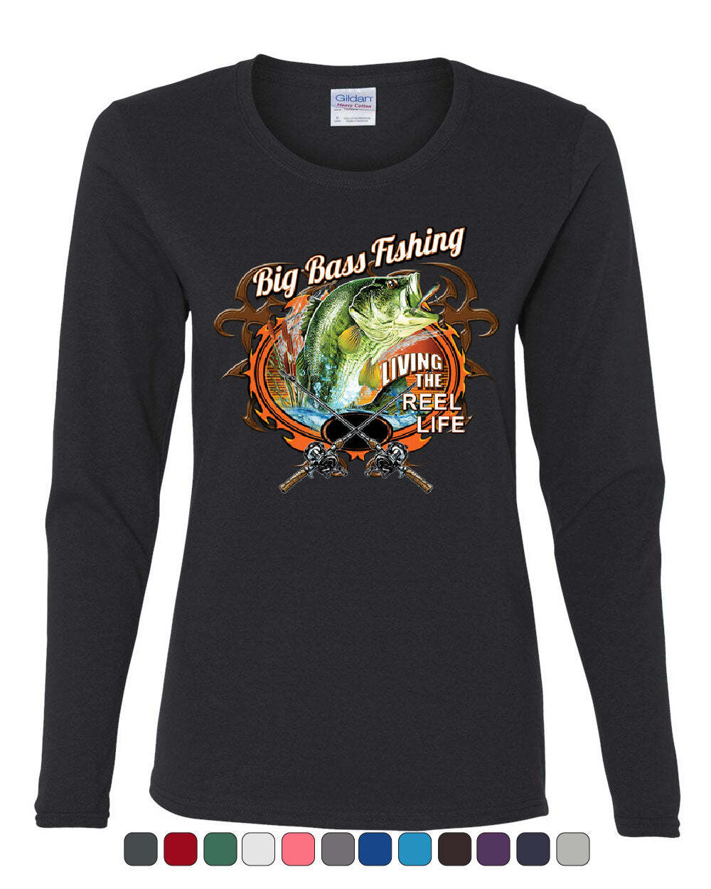 Big Bass Fishing Women’s Long Sleeve Tee Living the Reel Life Fisherman Spinning