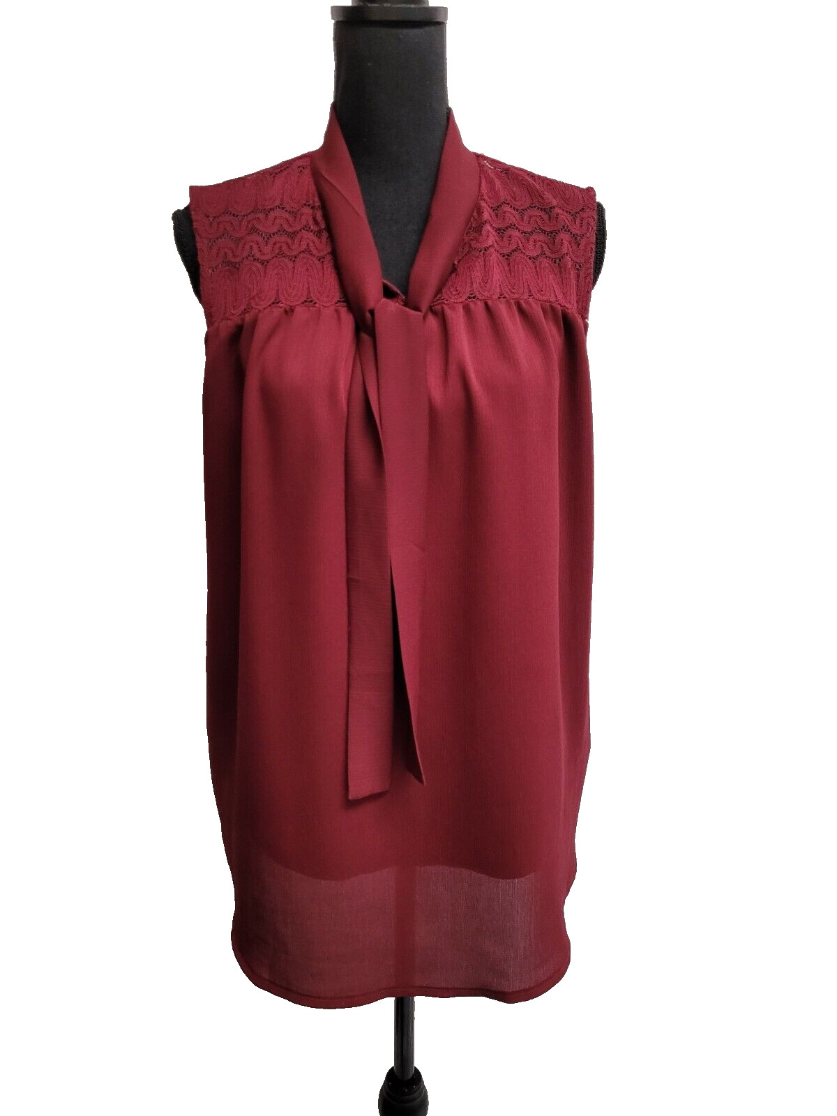 Moyabo Tank Top (L) Burgundy Neck Ties Lace Bodice Gathered Sheer/Lined