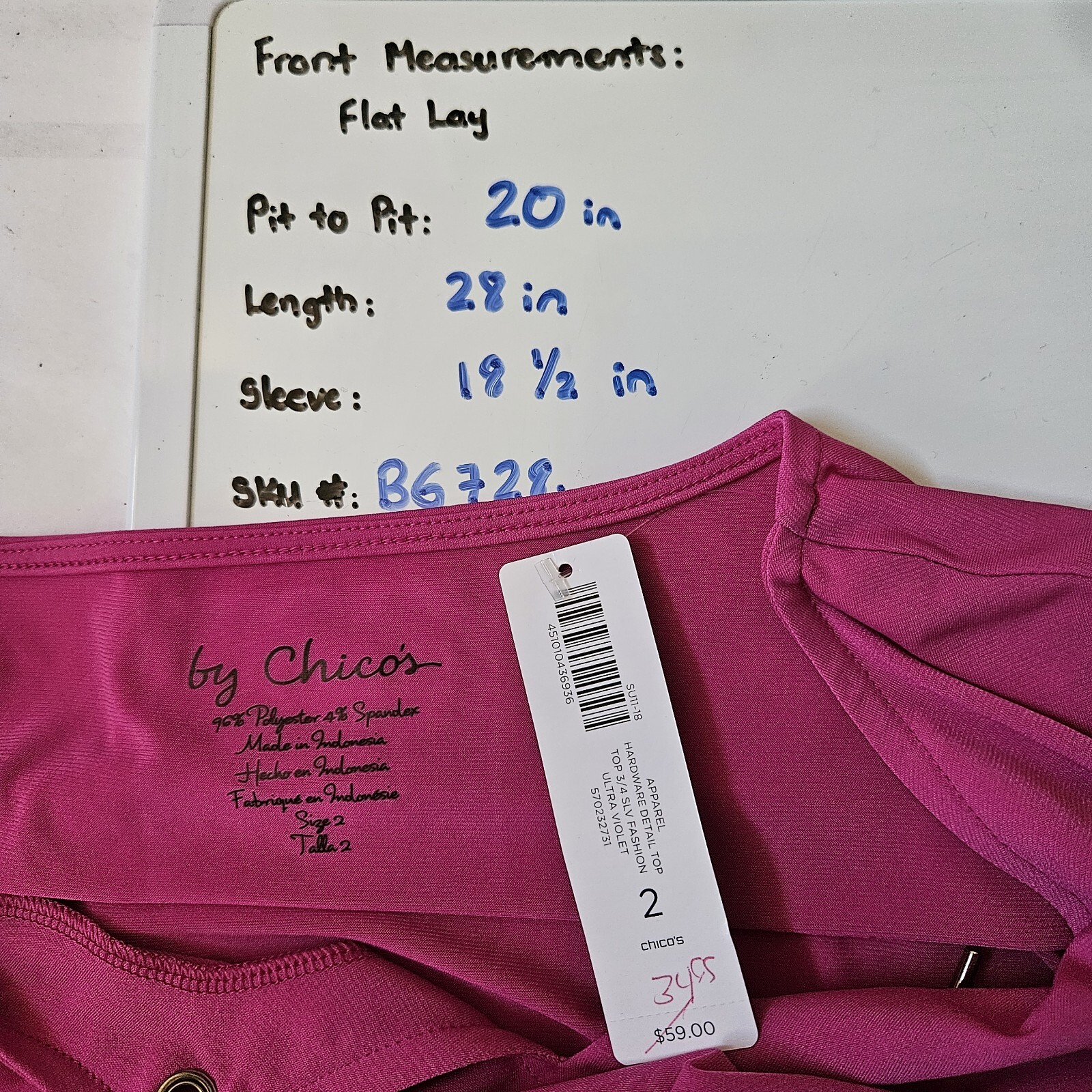 Chico’s Top Women sz 2 Hardware Detail Top Fushsia 3/4 Sleeve Stretch Office NWT