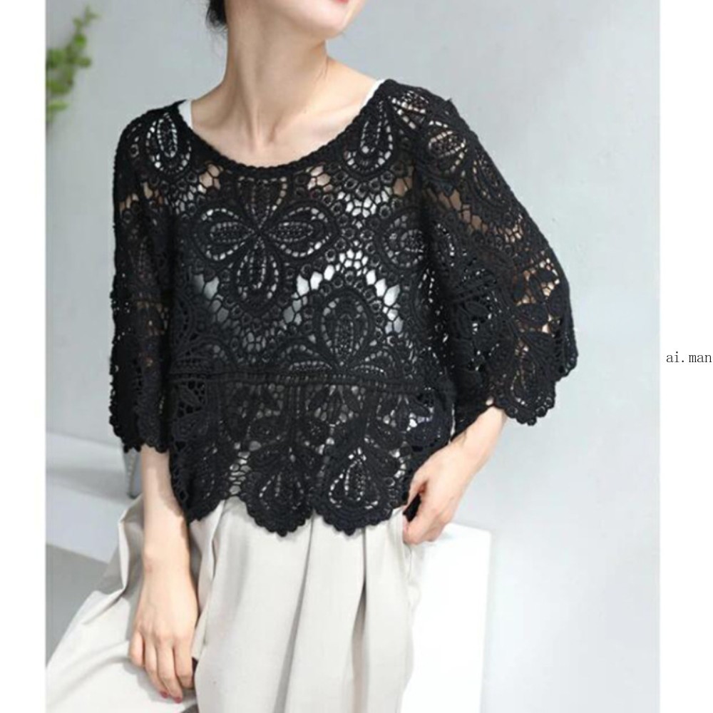 Women Crochet Crop Top Half Sleeve Hollow Bolero Shrug Shawl Sun Protection Top