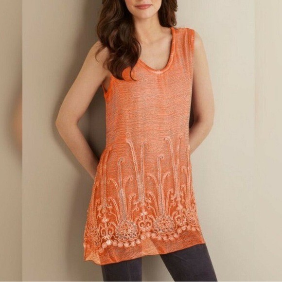 SOFT SURROUNDINGS Silk Romance Peach Parfait Embellished Blouse Size M NEW