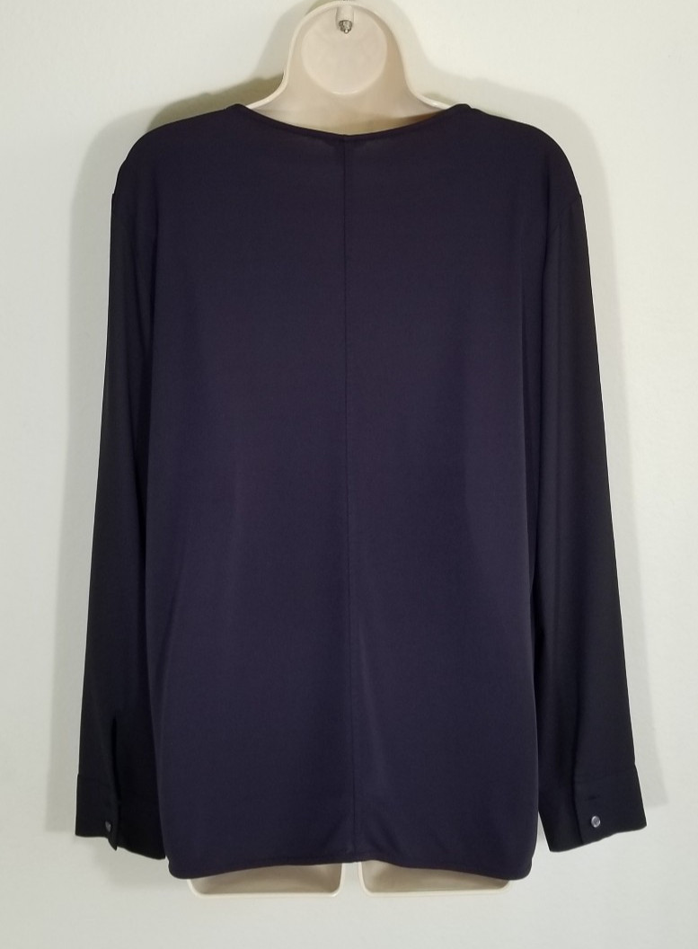 Ann Taylor Women L Dark Blue Top Blouse Long Sleeve Surplice V-neck Knit Woven