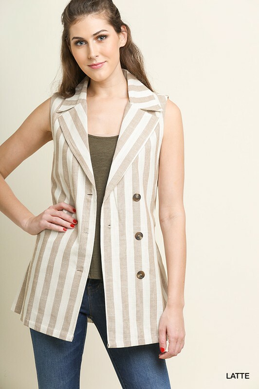 XL- PLUS 1XL GIGIO by UMGEE LATTE Striped Belted Button Pockets VEST/TOP BHCS