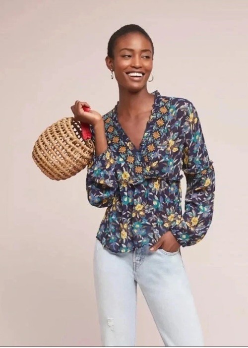 Meadow Rue Anthropologie Floral Embroidered Ruffle Peasant Blouse Boho Artsy S