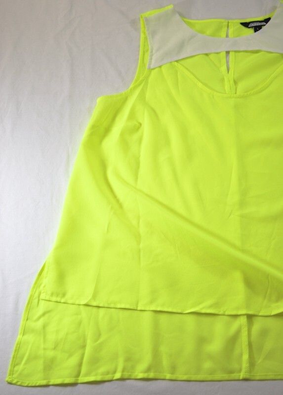 women’s Project Runway tank tops size large yellow sheer pull-on low neck polyes