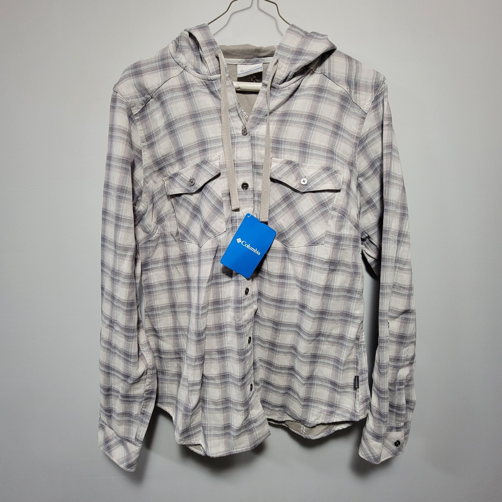 Columbia Times Two Plaid Hooded Womans Medium Shirt Roll Tab Sleeves