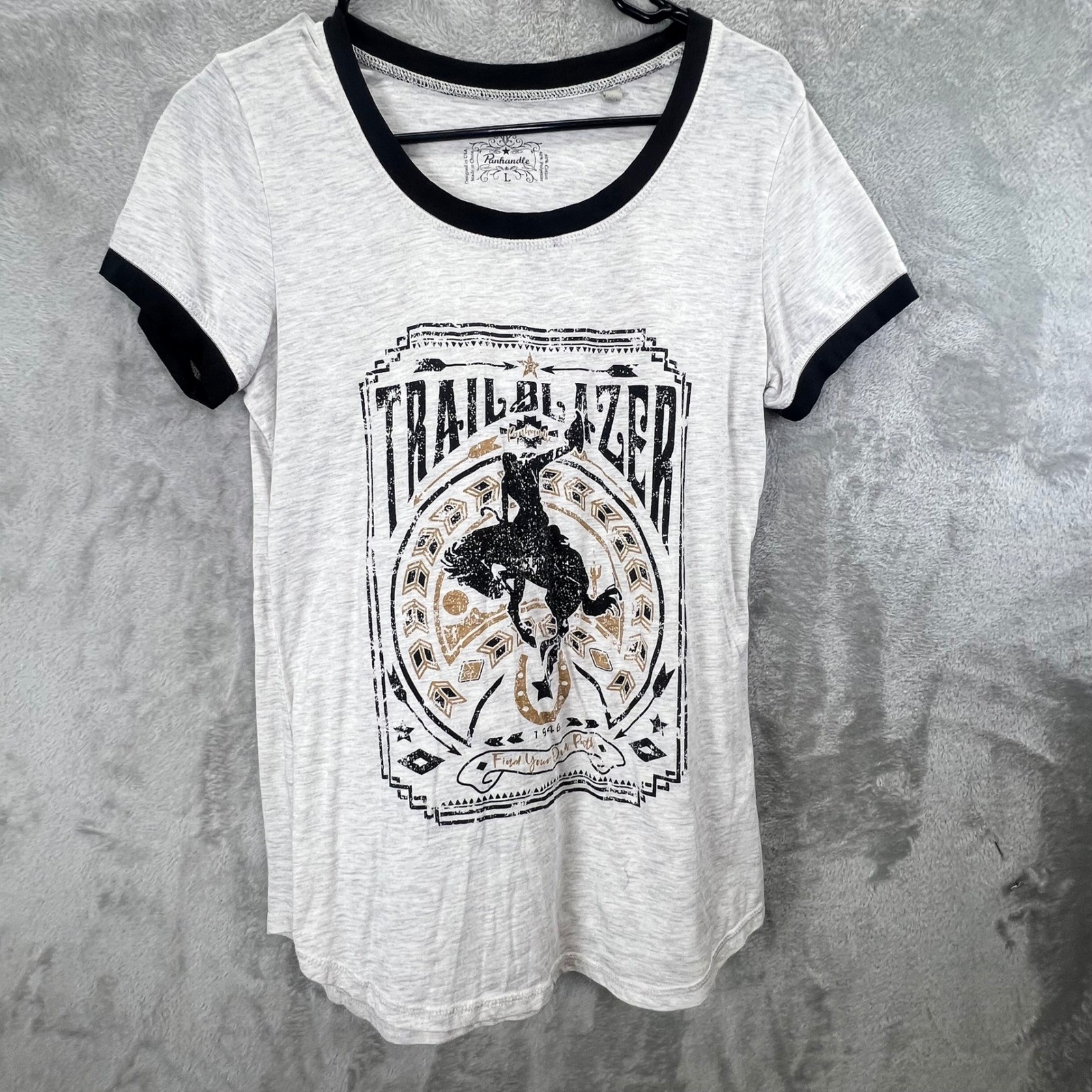 Panhandle Trailblazer Cowboy Graphic Ringer T-Shirt L Westerncore Boho Rustic