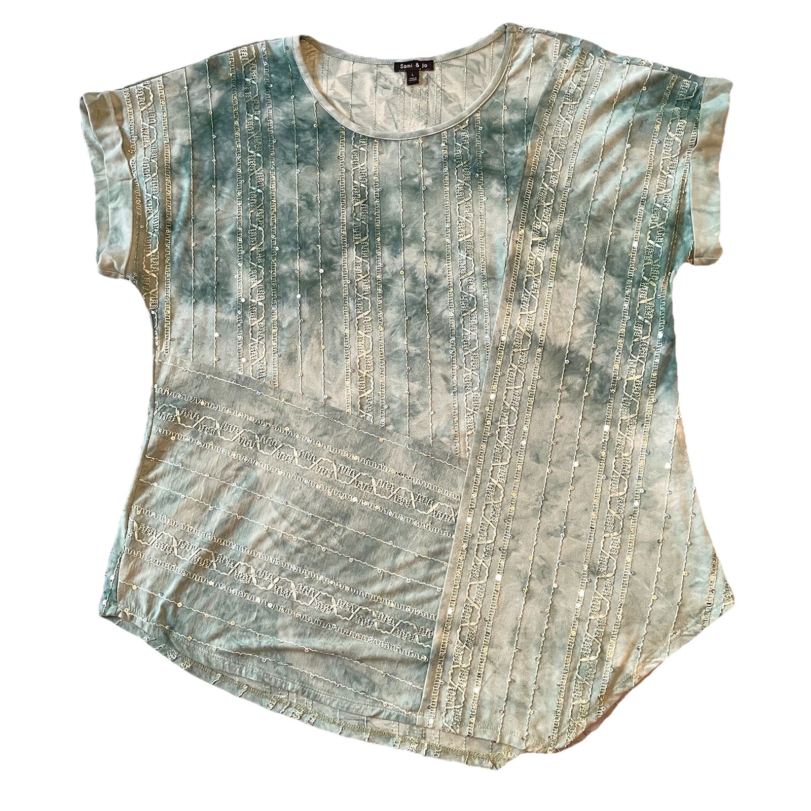 Sami & Jo Blouse Woman’s Large Sage Green Sequins Textured Fairy Boho Festival