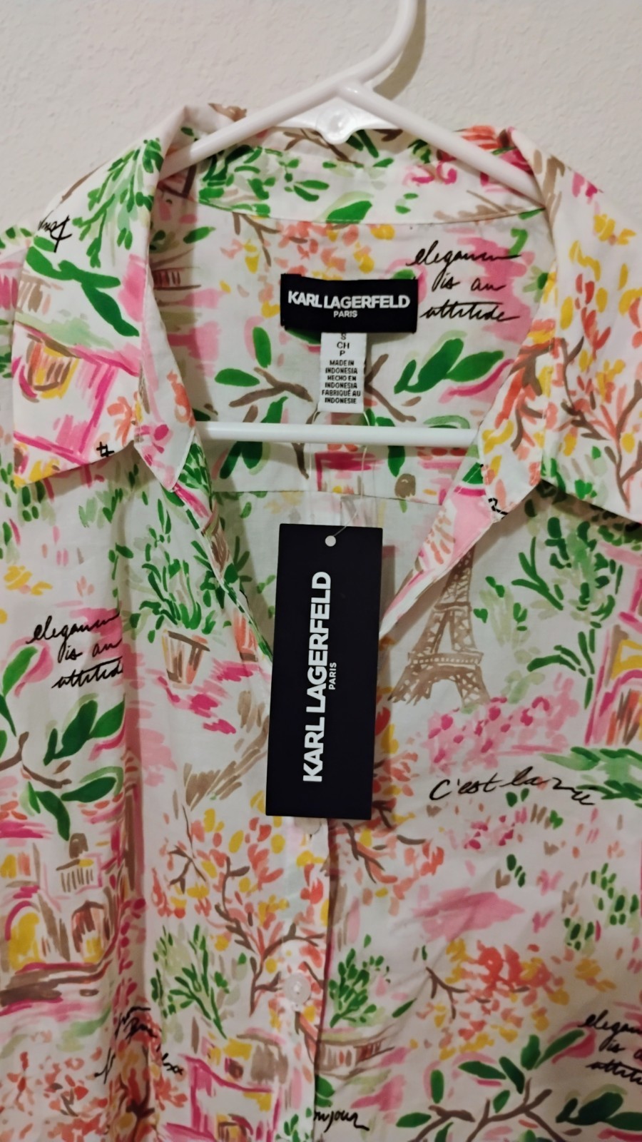 Karl Lagerfeld Paris Paris Eiffel Graphic Button-Up Shirt Short Sleeve Womens S