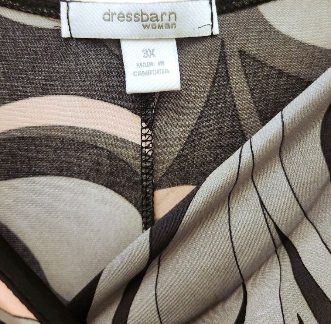 Y2K Dressbarn Plus Pink & Grey Retro Abstract Print Top With Bell Sleeves 2X