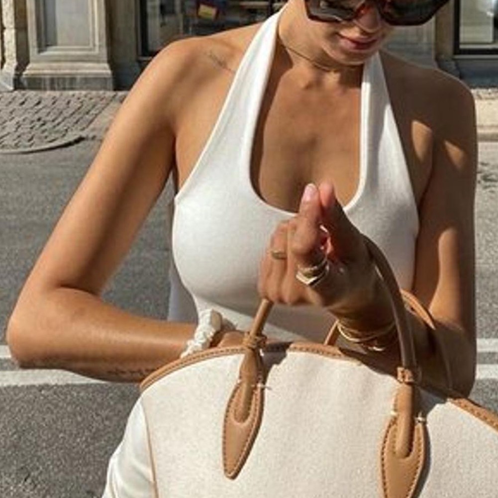 Ladies Polyester Halter Vest Pure Color Regular Length Comfortable Casual Top