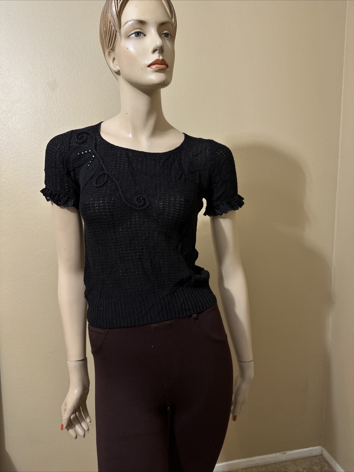 Women’s Black Cotton Crochet Casual Stretch Slim Sheer Lace Beaded One Size Top
