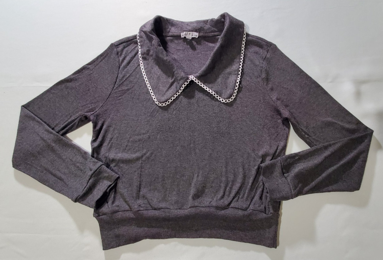 Rabbit Rose Crop Top Gray Long Sleeve Size L Collared Stretch Pullover