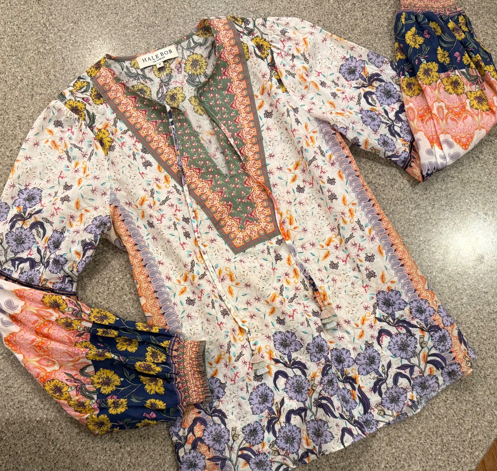 HALE BOB White/Multi Floral Balloon Sleeve Cotton Boho Peasant Tassel Top Sz M